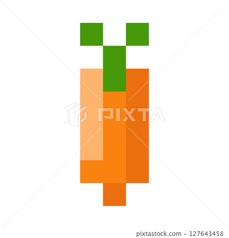 Carrots vegetable pixel art vector icon, cartoon ripe orange carrot with leaves, healthy farm product 8 bit video game 127643458