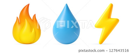 3D icons of fire, water drop, and lightning bolt 127643516