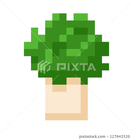 Pixel flower in a pot with lush green foliage, vector 8 bit icon illustration. 127643520