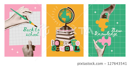 Set of halftone collage posters with hands. Drawing, developing, learning, designing concept. Back to school. Template for card, poster, banner, social media. Vector illustration 127643541
