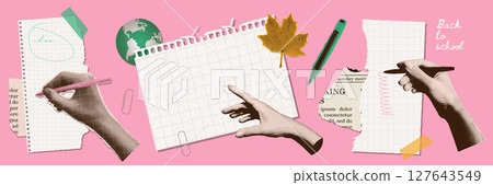 Set of torn sheets of paper with scotch tape and halftone collage hands with pens. Contemporary vector elements for design template. Back to school 127643549