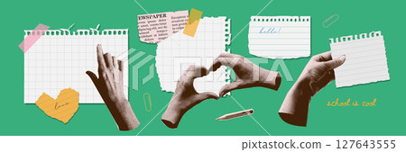 A set of torn notebook papers with torn out paper elements of halftone collage hands and stickers. Scotch tape and newspaper parts. Modern punk notes. Back to school. Vector A set of torn notebook papers with torn out paper elements of halftone collage hands and stickers. Scotch tape and newspaper parts. Modern punk notes. Back to school. Vector 127643555