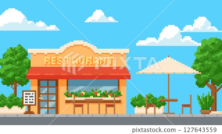 Pixel art background with restaurant building facade, outdoor tables, trees, clouds. 127643559