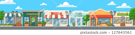 City street buildings vector pixel art, cartoon 8 bit game cafe, Hair salon, shop, Pharmacy, house, bakery, restaurant City street buildings vector pixel art, cartoon 8 bit game cafe, Hair salon, shop, Pharmacy, house, bakery, restaurant 127643561