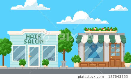 Shop and hair salon windows on city street with trees and clouds. 8 bit. 127643563