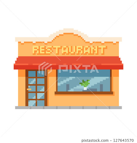 Restaurant building pixel art, cartoon pixelated Cafe shop house construction design element for 8 bit retro video games 127643570