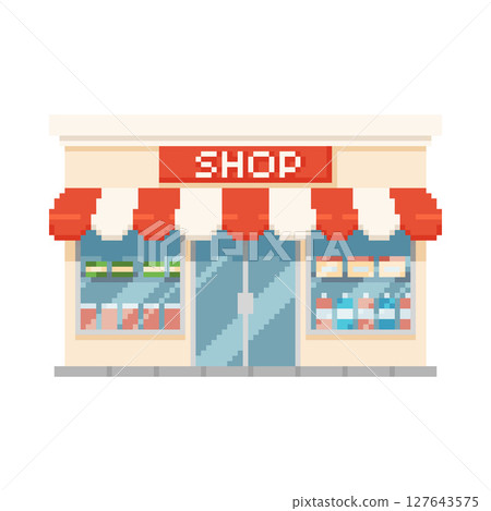 Shop building pixel art, cartoon pixelated house construction with red striped canopy and signboard, 8 bit video games 127643575