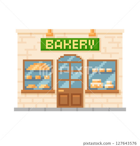 Bakery shop game pixel art, vector cartoon pixelated showcase with cake dessert, pastry products assortment on shelves Bakery shop game pixel art, vector cartoon pixelated showcase with cake dessert, pastry products assortment on shelves 127643576