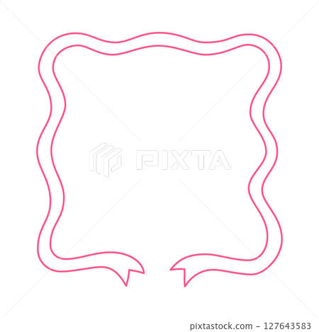Pink vintage tape square frame with forked ends, wavy ribbon coquette line art, romantic vector design 127643583