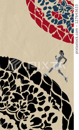 Bold poster. Woman running on bold floral abstract forms. Grace in stride over bold botanical terrain 127643633
