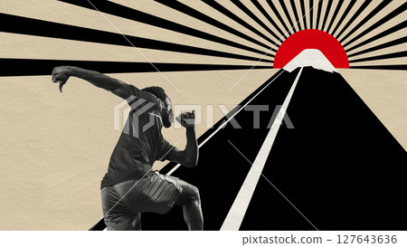 Vibrant graphic collage. Runner with mountain and rising sun. Chasing the peak with determination Vibrant graphic collage. Runner with mountain and rising sun. Chasing the peak with determination 127643636