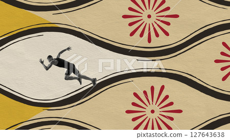 Colorful cutout. Sprinter on curved lines with flower pattern. Speed through the waves of tradition 127643638