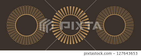 Linear gold elegant frames, round mirror shapes. Thin ornamental line rays. Trendy vector magic talisman, tattoo, gipsy symbol, celestial forms. Linear gold elegant frames, round mirror shapes. Thin ornamental line rays. Trendy vector magic talisman, tattoo, gipsy symbol, celestial forms. 127643653
