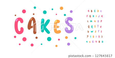 Colorful dessert alphabet, bubbly cartoon letters, sweet bakery font for cupcake logo, food snack headline, birthday food typography, cheerful typographic identity. Vector typeset. 127643817