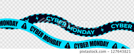 Cyber Monday Wavy Tape Lines, Sale Banner Ribbons in Blue and Black, Original Sticker for Online Deals, Discounts, and Tech Promotions. Vector Illustration. 127643821