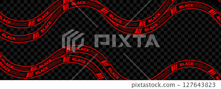 Red curved tape with bold Black Friday text on transparent background. Urgency, attention, sales event promotion. Perfect for ecommerce, ads, banners, flyers. Modern flat vector illustration. 127643823