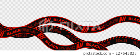 Black Friday Sale Tape with Wavy Red and Black Stripes on Transparent Background, Perfect for Holiday Discounts, Promotions, and E-Commerce Banners. Vector Illustration. 127643825
