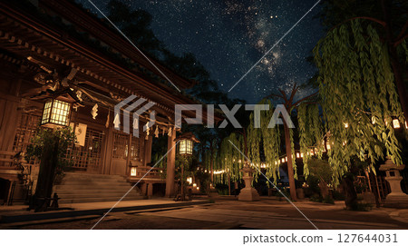 A quiet shrine with swaying willow trees A quiet shrine with swaying willow trees 127644031