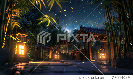 A nighttime shrine landscape decorated with bamboo groves and torii gates 127644039