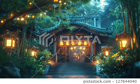 Japanese shrine in a bamboo forest 127644040