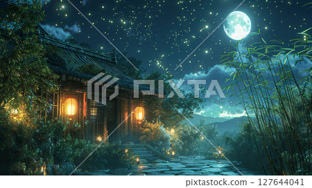 滿月下燈火通明的神社 127644041