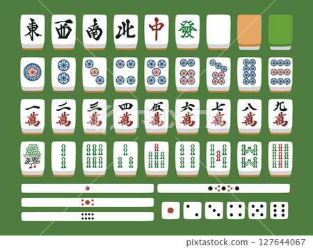 Hand drawn illustration set of mahjong tiles on green background 127644067