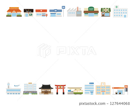 Hand-drawn cute illustration frame of various buildings in the city 127644068
