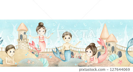 Mermaids little girl and boy seamless border, underwater castle, corals, seashell, algae, stones. Watercolor children's illustration isolated on seascape. For kids interior design, stationery 127644069