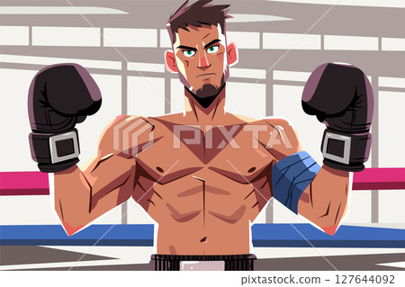 Vector illustration of a strong male boxer with gloves, posing confidently in the ring. Athletic cartoon character with a determined expression. Sports and fitness concept. 127644092