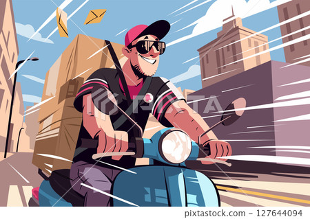 Smiling courier riding a scooter, delivering packages quickly through the city streets. Fast express delivery service, urban logistics, modern transportation. Cartoon vector illustration. Smiling courier riding a scooter, delivering packages quickly through the city streets. Fast express delivery service, urban logistics, modern transportation. Cartoon vector illustration. 127644094