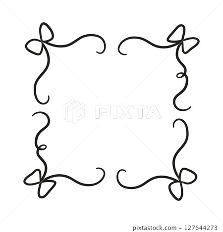 Black vintage frame with bow knot corners, vector curly ribbon romantic coquette line art for greeting invitation card Black vintage frame with bow knot corners, vector curly ribbon romantic coquette line art for greeting invitation card 127644273