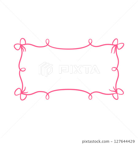 Pink vintage frame with bows, horizontal wavy ribbons border, coquette line art greeting card, invitation vector design 127644429