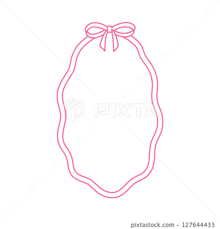 Pink vintage bows oval frame, wavy ribbons border, coquette line art for greeting card, wedding invitation vector design 127644433