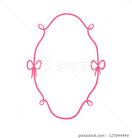 Pink vintage bows oval curly vector frame, wavy ribbons border, coquette line art for greeting card, wedding invitation Pink vintage bows oval curly vector frame, wavy ribbons border, coquette line art for greeting card, wedding invitation 127644440