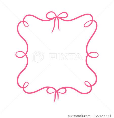 Pink vintage bows curly vector frame, wavy ribbons border coquette style, line art for greeting card, wedding invitation Pink vintage bows curly vector frame, wavy ribbons border coquette style, line art for greeting card, wedding invitation 127644441