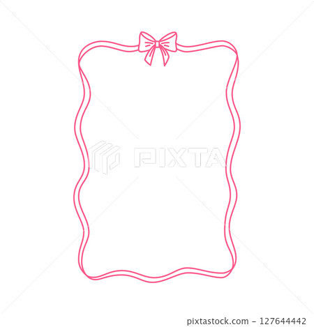 Pink bow frame, wavy ribbons border, coquette line art greeting card, wedding invitation, vintage poster vector design Pink bow frame, wavy ribbons border, coquette line art greeting card, wedding invitation, vintage poster vector design 127644442