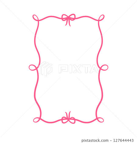 Vintage pink frame with swirls and bow, wavy ribbons border, coquette curly line art for greeting, invitation design Vintage pink frame with swirls and bow, wavy ribbons border, coquette curly line art for greeting, invitation design 127644443