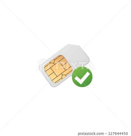 SIM card. Vector illustration of mobile communication chip for smartphones. For identification and data transfer. Technology and telecommunications. Realistic icon. Flat style. Isolated background. 127644450