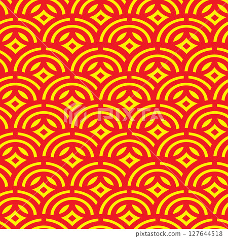 Seamless oriental Chinese pattern with red and yellow arcs and diamond shapes in traditional festive background design Seamless oriental Chinese pattern with red and yellow arcs and diamond shapes in traditional festive background design 127644518