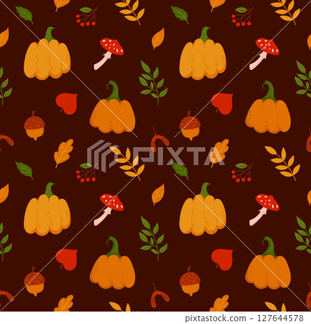 Autumn Nature Elements Seamless Pattern on Dark Background. Hand Drawn Fall Pumpkin, Leaf, Mushroom, Berries, Acorn. Perfect for Seasonal Textiles, Wrapping Paper, Invitations, and Thanksgiving Decor Autumn Nature Elements Seamless Pattern on Dark Background. Hand Drawn Fall Pumpkin, Leaf, Mushroom, Berries, Acorn. Perfect for Seasonal Textiles, Wrapping Paper, Invitations, and Thanksgiving Decor 127644578