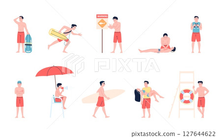 Lifeguard beach characters. Rescue men in swimsuits, with binoculars and megaphones. Rescuers, first aid, save person life on water, recent vector set 127644622
