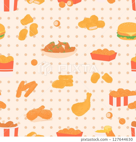 Chicken fried seamless pattern. Fast food meals, different parts of breaded chicken, croquettes and nuggets. Print design, vector background Chicken fried seamless pattern. Fast food meals, different parts of breaded chicken, croquettes and nuggets. Print design, vector background 127644630