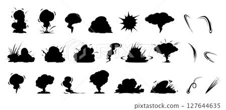 Black explosions silhouettes. Isolated smoke icons, explosion, steams and fog. Different effects for games and decor, energetic blow flashes, vector clipart 127644635