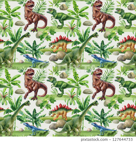 Tropical seamless dinosaur pattern with tyrannosaurus stegosaurs palm leaves and prehistoric plants vintage textile print 127644733