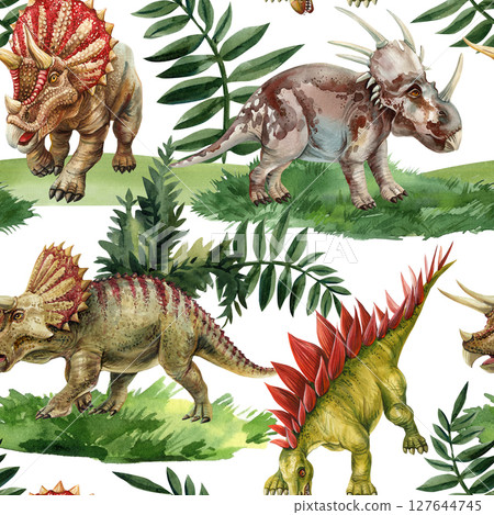 Watercolor seamless dinosaur pattern with triceratops stegosaurs and prehistoric jungle leaves on white background 127644745