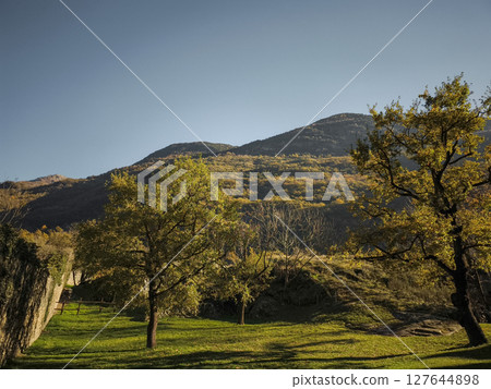 Capturing the serene beauty of aosta, italy in november. Sunlight bathes the lush green landscape, highlighting the vibrant autumn foliage Verres 127644898