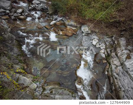 Mountain stream running crystal clear over rocky terrain in aosta, italy, surrounded by verdant landscape, embodying pristine alpine wilderness pontboset 127644909