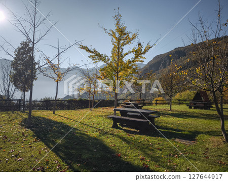 Sunlit autumnal park featuring golden foliage, rustic picnic tables, mountain backdrop in scenic aosta, italy during november targnod 127644917