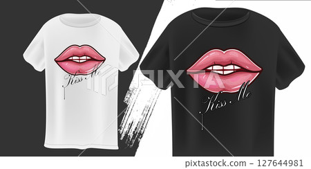 Kiss Me T-Shirt Design Vector Stylized Pink Lips with Kiss Me Text and Dripping Effect on White and Black Backgrounds, Ideal for Fashion and Romantic Themes 127644981