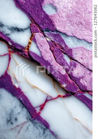 Polished Calacatta marble surface with purple mineral veins in bold contrast Polished Calacatta marble surface with purple mineral veins in bold contrast 127645062